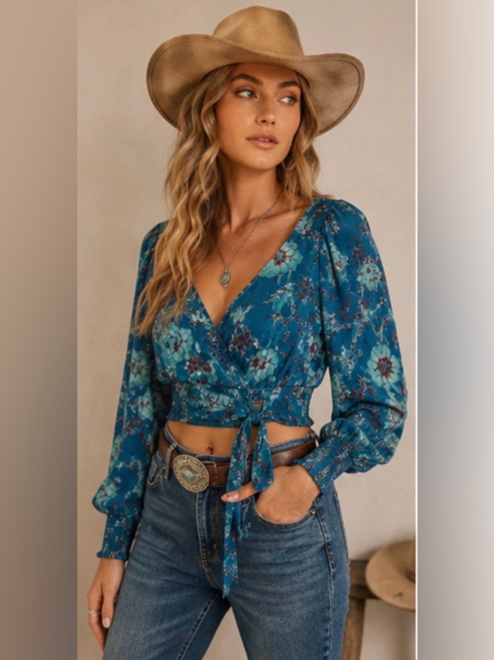 New‼️ Band of the Free Sybille Floral Wrap Crop Top | NWT | Teal | Size Small - Picture 12 of 13